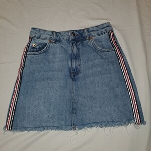 Topshop Denim skirt with red blue and white stripes on the side.